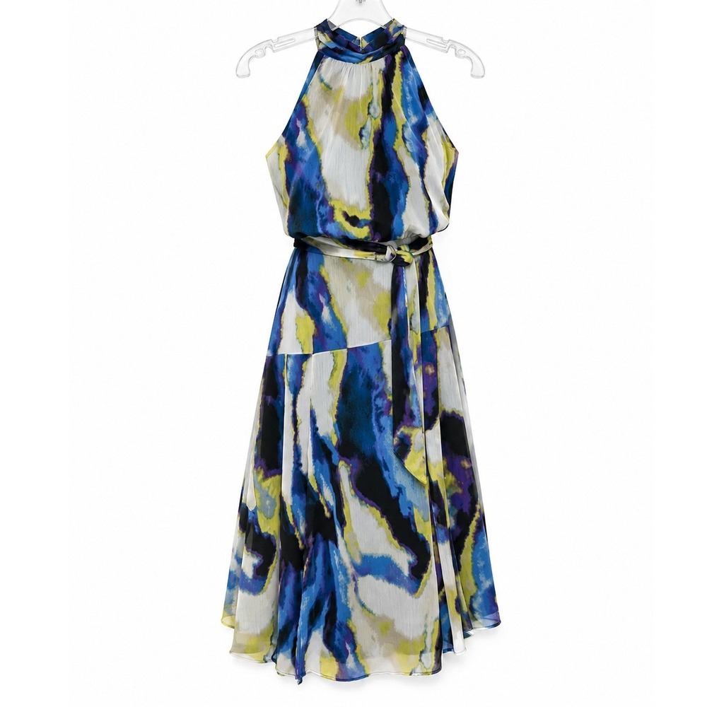 DKNY Halter‎ Midi Dress Womens 4 Blue Yellow Vertical Wave Chiffon Belted Boho